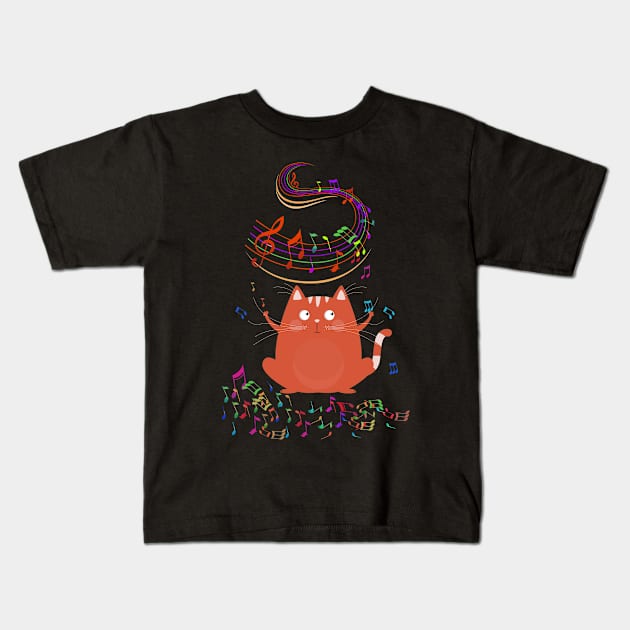 Cat Kitty Playing Music Note Clef Musician Art Kids T-Shirt by folidelarts